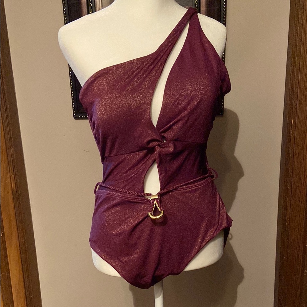 Burgundy One-Shoulder Swimsuit size L (12-14). New without tags